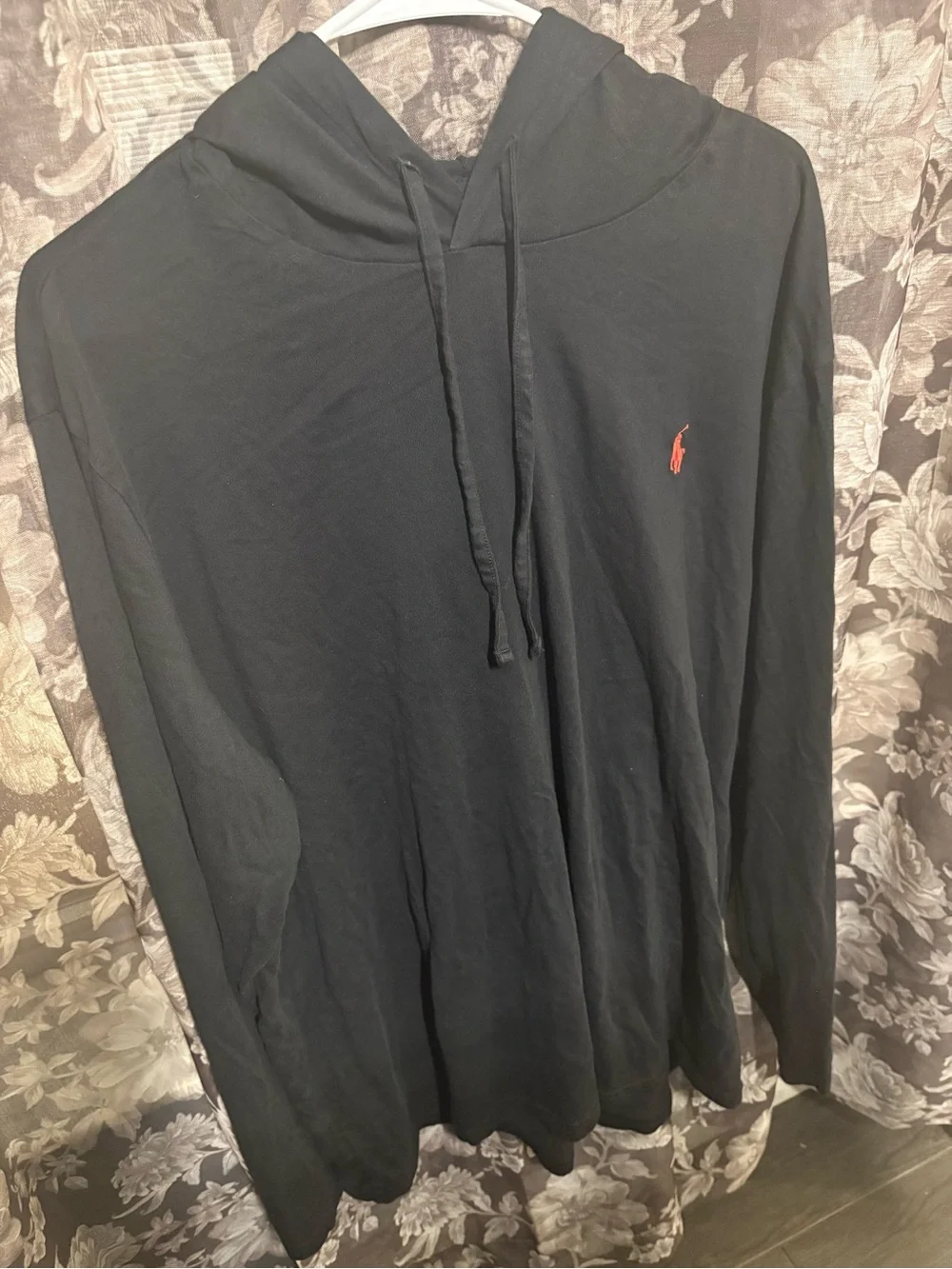 Black Hooded Long-Sleeve Shirt with Red Logo